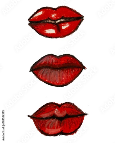 luscious red lips illustration. valentine s day card. oil pastel texture. Hand drawn. lip gloss  bright lipstick