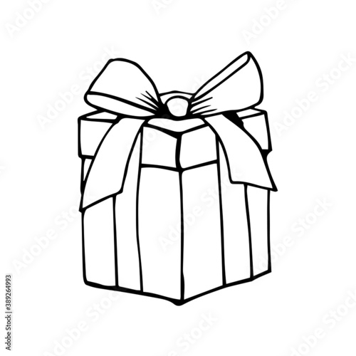 Christmas gift box with bow. Present illustration with ribbon. Vector stock illustration. Design for holiday decor, stickers, greeting cards, prints.