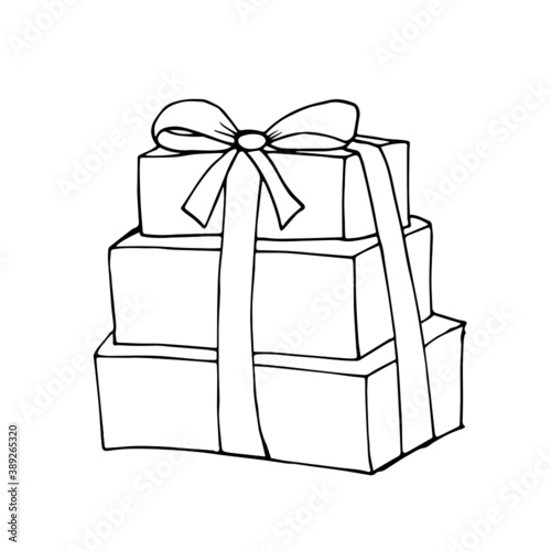 Christmas gift box with bow. Present illustration with ribbon. Vector stock illustration. Design for holiday decor, stickers, greeting cards, prints.