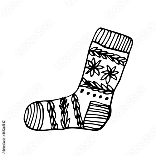 Doodle wool knitted sock illustration. Lots of cute ornaments. Holiday decor.