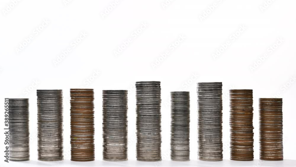 Coins on stack increasing on white background - stop motion Coins on stack increasing on white background - stop motion