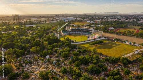 Aerial view of the cemetery and stadium  home of the professional baseball team  photo