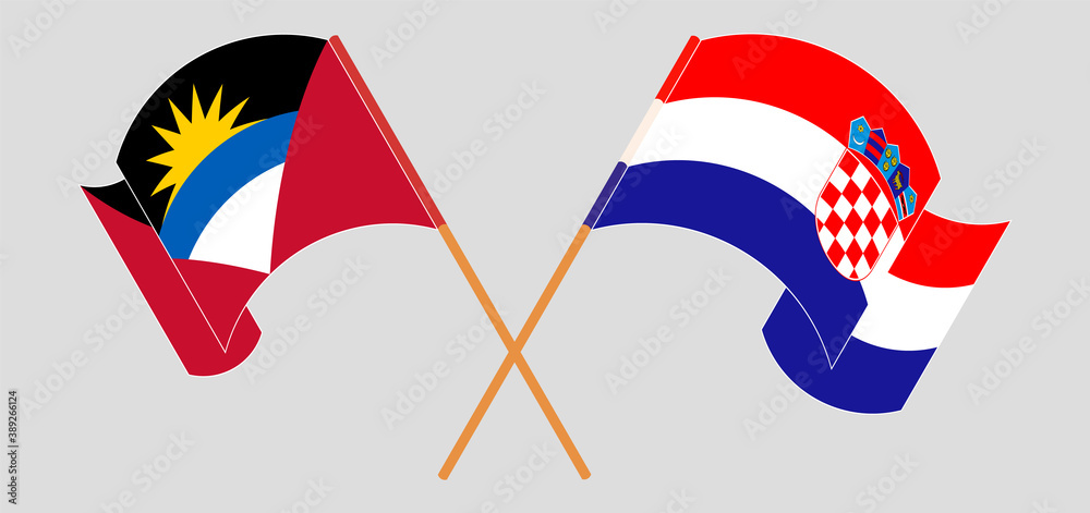 Crossed and waving flags of Antigua and Barbuda and Croatia