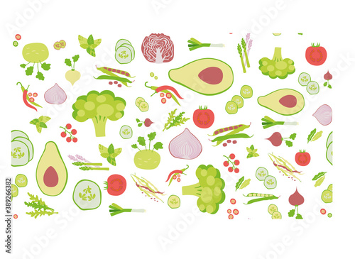 Fototapeta Naklejka Na Ścianę i Meble -  Seamless pattern with red and green vegetables. Vegetarian healthy food vector texture. Organic vegetables in cartoon flat style. 