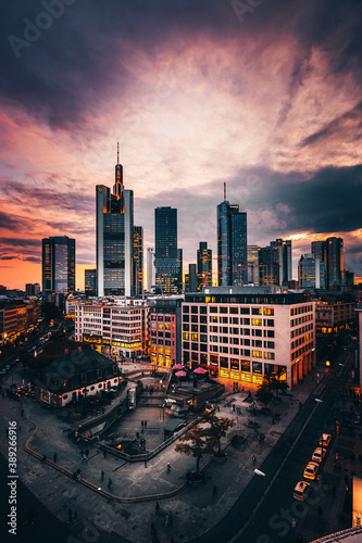 Frankfurt prospects. Great view over the city of Frankfurt in Germany. In the evening with backlight and sunset. beautiful sky of all colors. Hauptwache, römer, main