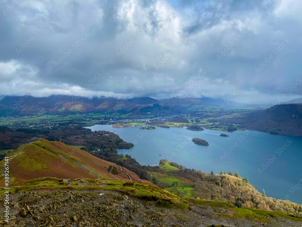 A view over Derwent Water from Cat Bells in the English Lake District National Park