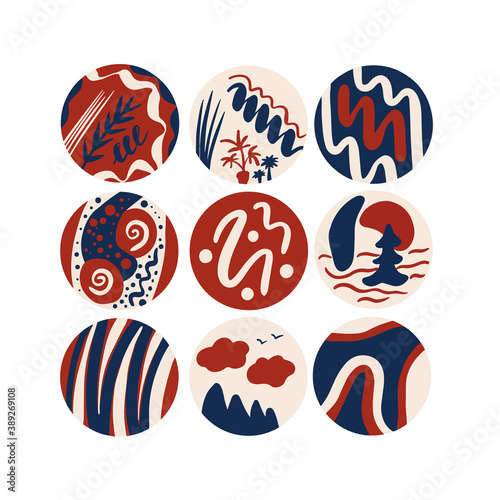 Highlights round covers template. Trendy design for social media. Abstract background. Vector layouts with hand drawn shapes, textures, forms, lines. Red, blue, beige. 