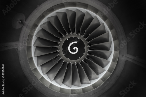 Black and white wide angle photo of a jet engine.