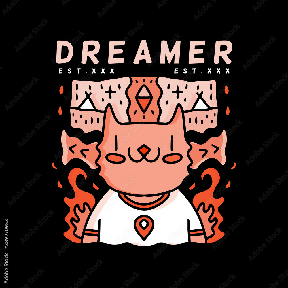 Cute hype cat with dreamer typography doodle illustration for poster, sticker, or apparel merchandise.With vaporwave/synthwave style, aesthetics of 80s.