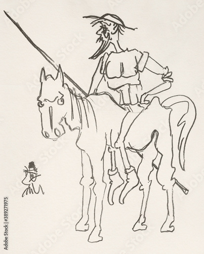 Zeichnung des Ritters Don Quijote auf seinem Pferd Rosinante.  Der scharfsinnige Edle Herr Don Quijote de la Mancha. Don Quixote photo