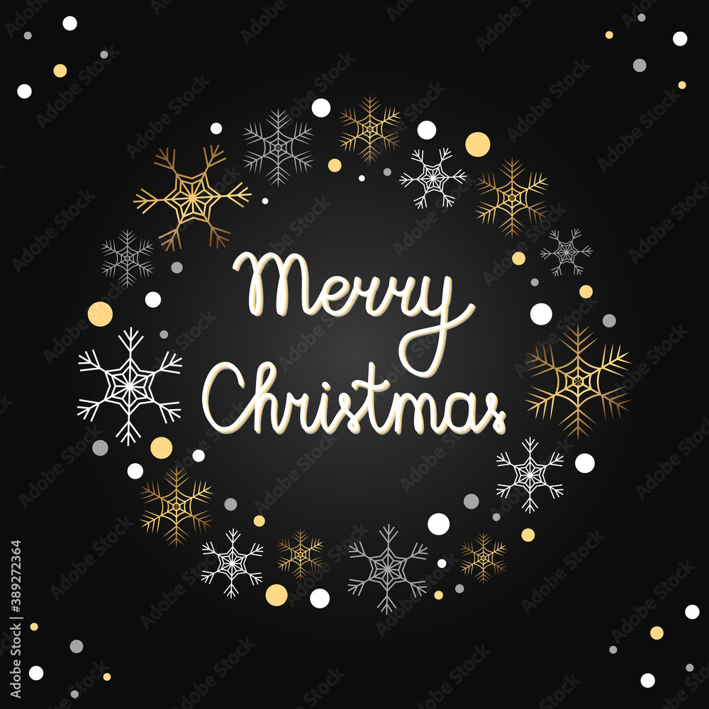 Vector round frame with snowflakes and dots. Merry Christmas hand drawn letters in the wreath. Isolated golden and white snowflakes arranged in a circle. Holiday wreath for new year design Vector round frame with snowflakes and dots. Merry Christmas hand drawn letters in the wreath. Isolated golden and white snowflakes arranged in a circle. Holiday wreath for new year design