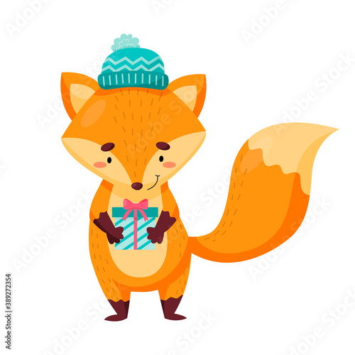 Cute vector fox with a gift and a hat. Christmas design.
