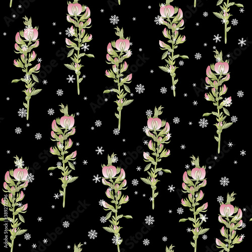 Seamless floral pattern with blooming branches of Ononis Hircina flower and snowflakes.