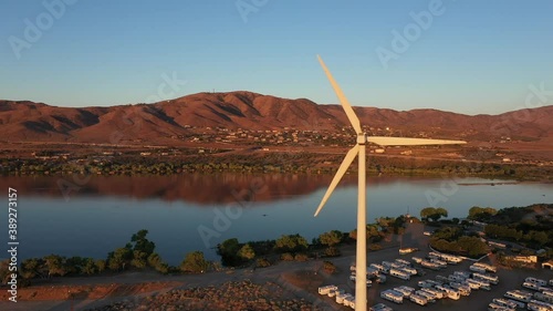 Wind Turbine on Lake Palmdale California Drone View photo