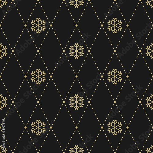 Christmas seamless pattern with snowflakes in gold color on black background. Vintage design for Christmas 