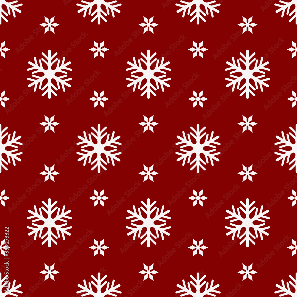 Christmas seamless pattern with white snowflakes on red background, Christmas wrapping paper