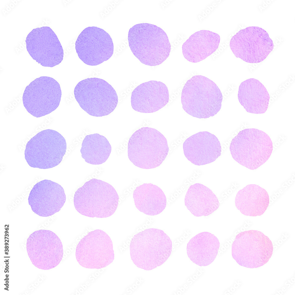 Pink, lilac, violet light watercolor round spots, dots design elements set. Watercolour drops collection, uneven circle shape stains, smears, brush strokes. Hand drawn painted text background.