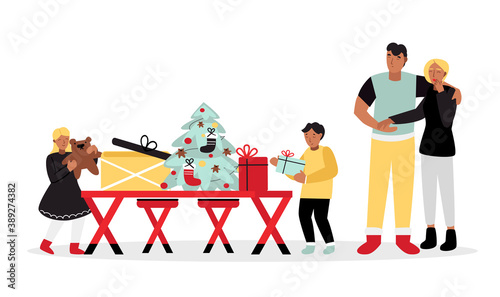 children and their parents unpack New Year presents. Family illustration . Vector illustration