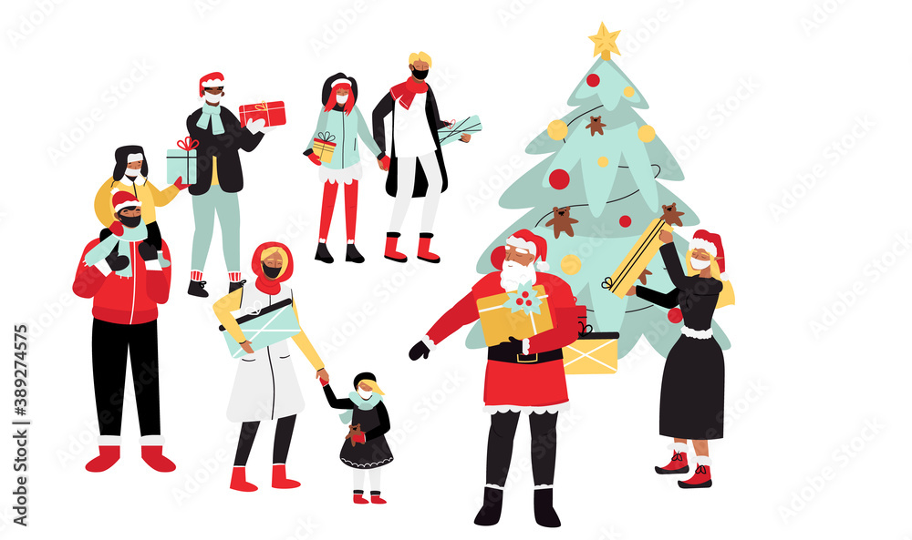 People and Santa Claus around the Christmas Tree celebrate the New Year holidays. Vector illustration
