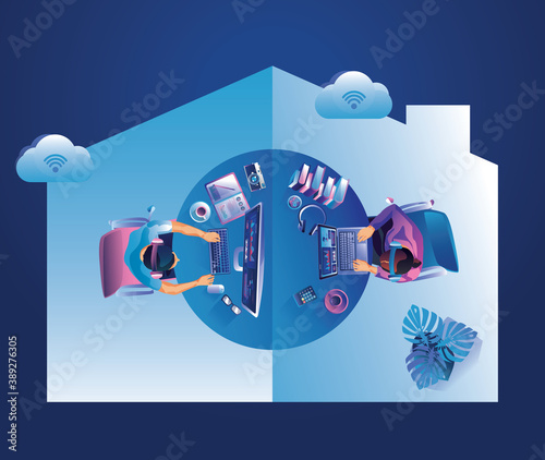Work from home concept, Top view Young people, man and woman freelancers working on laptops at home. People at home remote work businessmen Staying home Distance, home office, vector illustration 