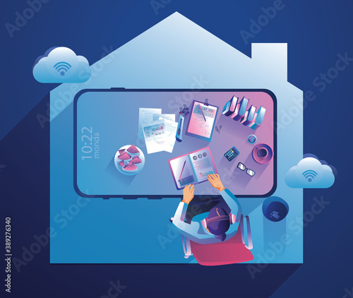 Businessman work at home Through Smartphone Top view of big mock-up smartphone, Young people, man and woman freelancers working internet wi-fi, remote work,  work from home concept Vector illustration
