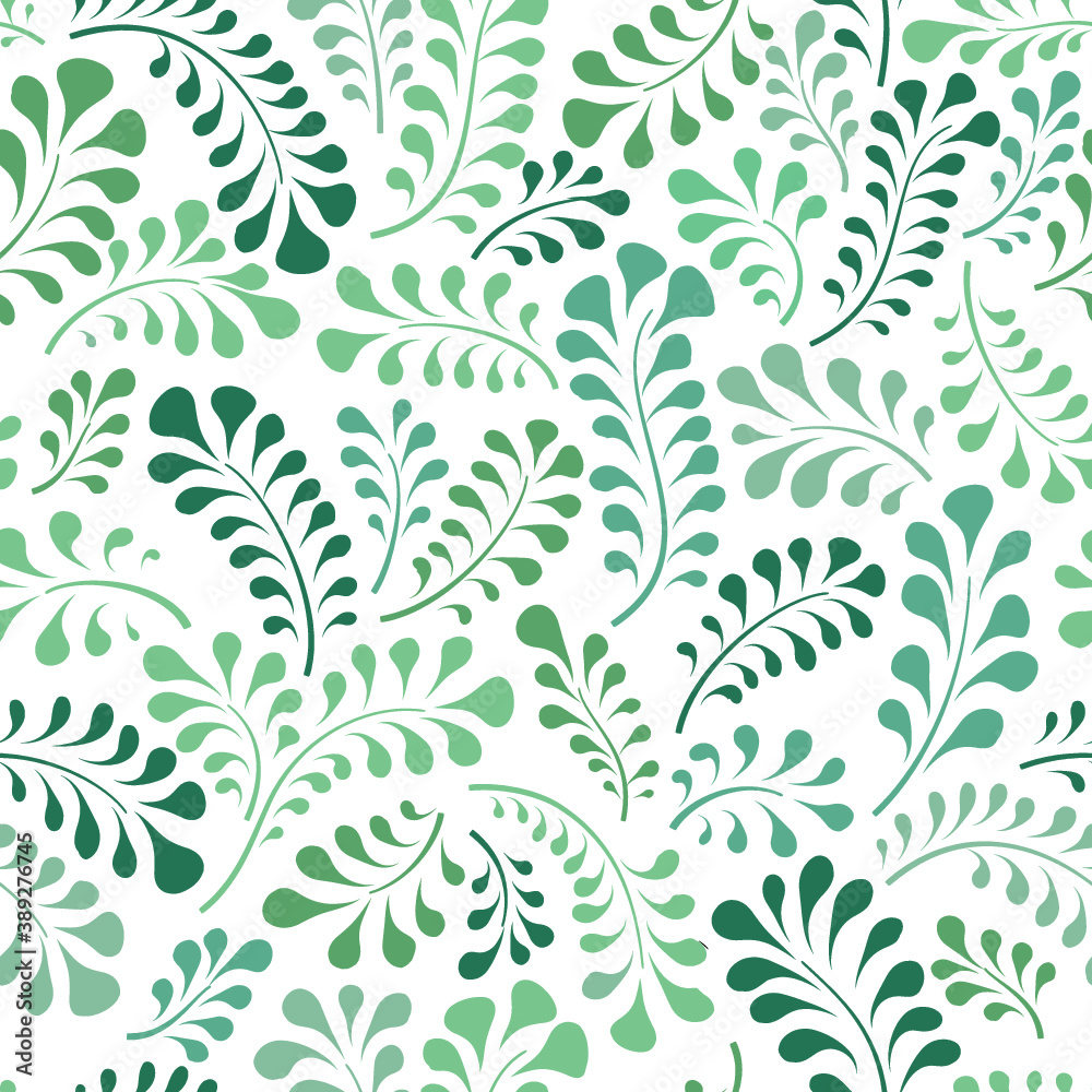 Floral seamless pattern with leaves. Abstract swirl line bloom background. Summer garden ornamental tiled wallpaper