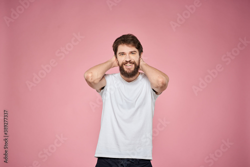cute bearded men white t-shirt studio pink isolated background