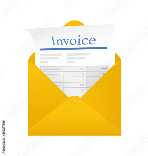 Flat icon with yellow invoice with envelope for financial report design. Isolated flat illustration.