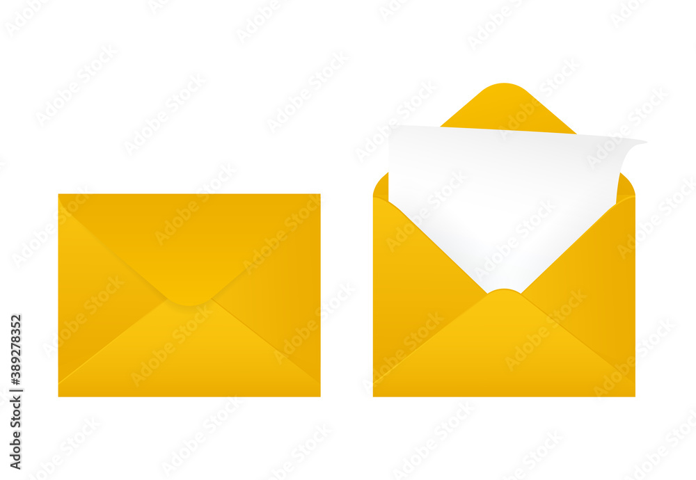 Flat business card with yellow envelope closed on white background for paper design. Blank business card. White background, isolated. Flat business card with yellow envelope closed on white background for paper design. Blank business card. White background, isolated.