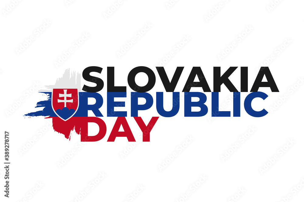 Happy Slovakia Republic Day greeting card, banner, poster design print. Slovak flag grunge vector illustration on white background with red and blue text. Republic national holiday