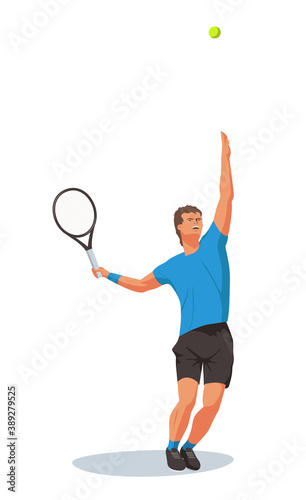 A tennis player holds a tennis racket and serves a ball. The athlete follows the flight of a ball with his eyes. Vector flat design © Alisa