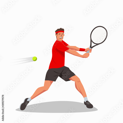 A tennis player holds a tennis racket in both hands and swings to hit the tennis ball. A young athlete performs a backhand. The athlete follows the flight of a ball with his eyes. Vector flat design © Alisa