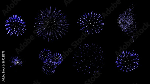 Dark blue fireworks set isolated on black background. High resolution image