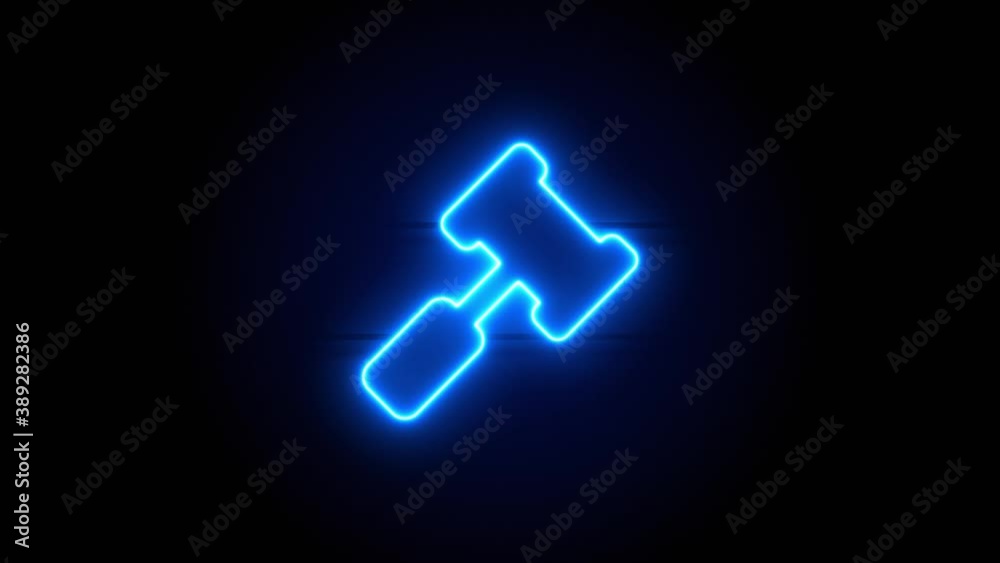 Gavel neon sign appear in center and disappear after some time. Animated blue neon symbol on black background. Looped animation. Gavel neon sign appear in center and disappear after some time. Animated blue neon symbol on black background. Looped animation.