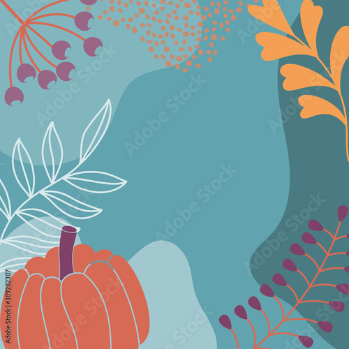 Abstract background with autumn elements  shapes and plants in one line style. Background for posters  banners  cards. Vector illustration