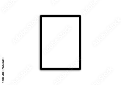 Modern black tablet with blank white screen isolated on white background.
