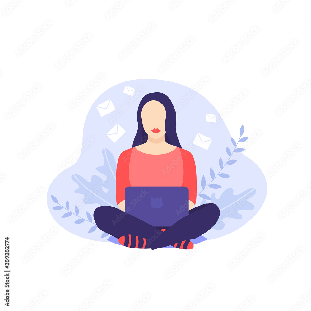 A girl with red lips sitting on a pillow at home with notebook. Flat design vector illustration on violet background