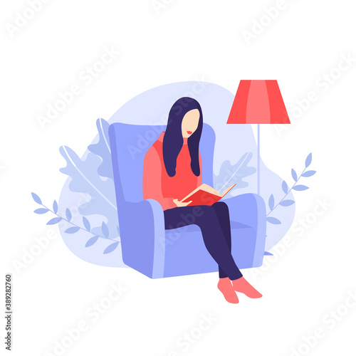 Flat design vector illustration. A woman with red lips sitting in a chair in red sweater surrounded by houseplants and reading a book.