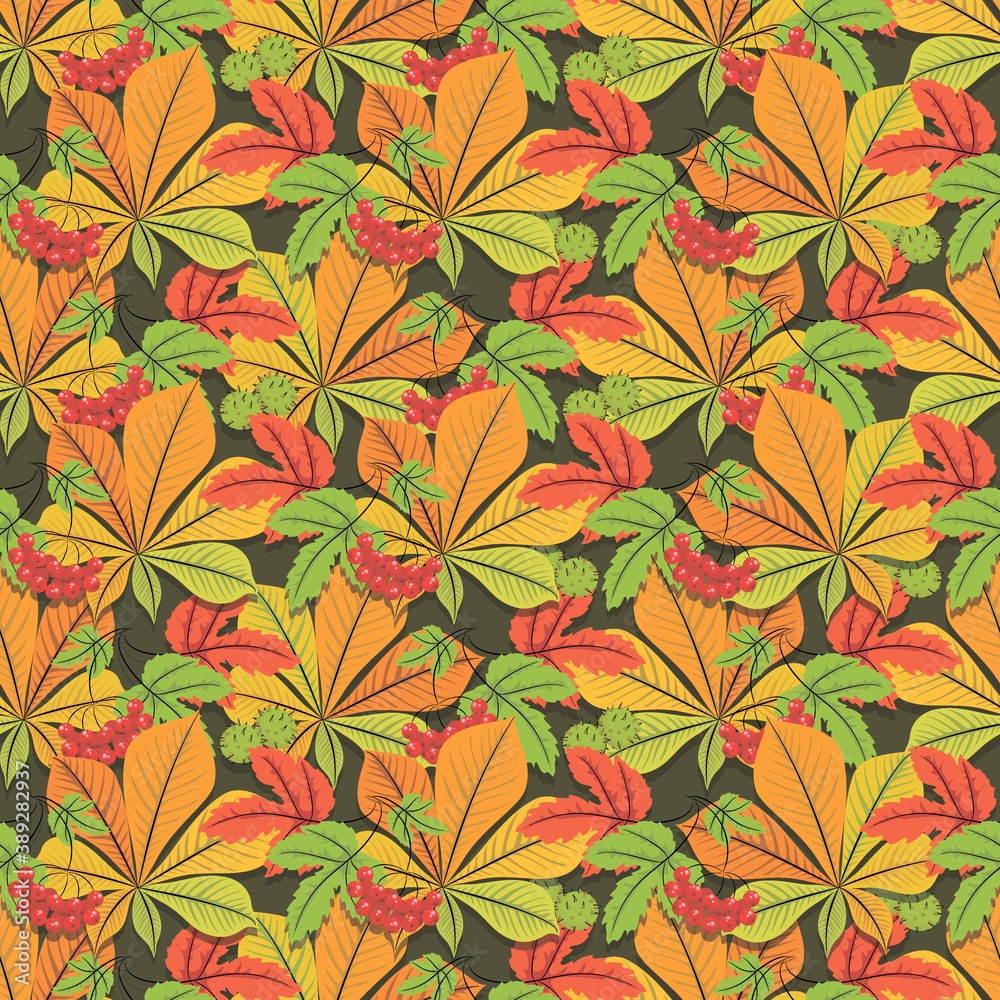 Fall. Viburnum. Chestnut. Autumn background. Autumn time. Seamless pattern. Concept template