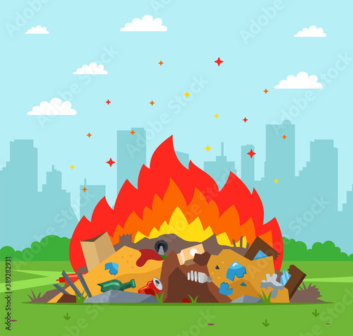 garbage dump is burning on the background of the city. improper waste disposal. flat vector illustration.