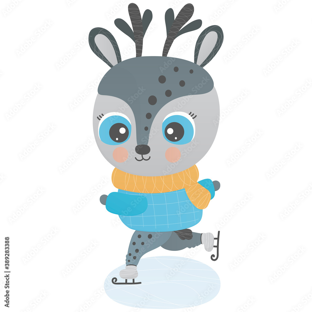 A cute little reindeer is skating on ice. White background. Christmas isolated children illustration. Funny animal. Winter cartoon character for print, nursery design, sticker, baby clothes. Vector