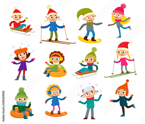 Vector set of cartoon hipster teenagers in winter clothers