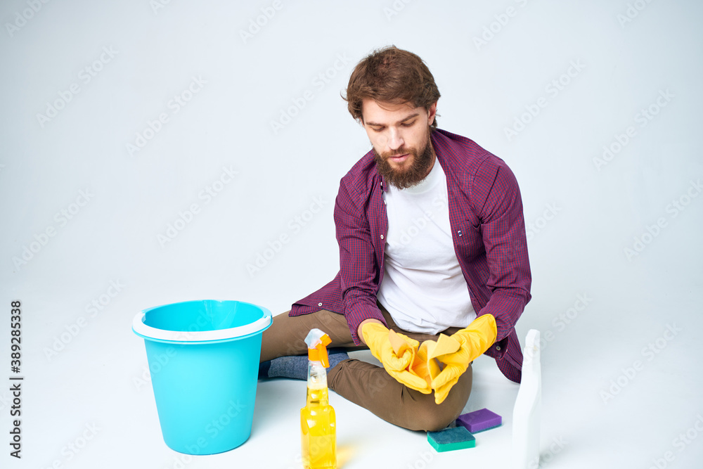 man wearing rubber gloves cleaning interior service professional man wearing rubber gloves cleaning interior service professional