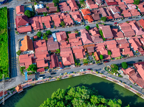 Overhead aerial view of Melaka River, Malacca, Malaysia