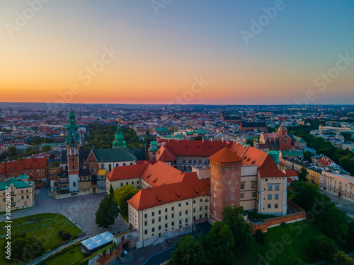 Aerial view of Wawel castle in Krakow, Poland during s sunset © Audrius