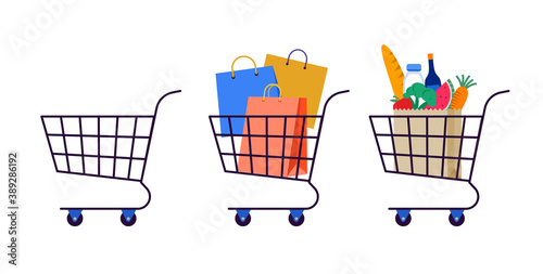collection of shopping carts. Empty cart, with shopping bags and grocery bag