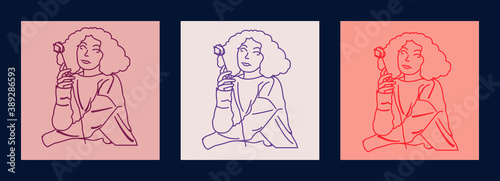 Set of cute print girl with rose.
Texture with a curly girl holding a rose in her hands.