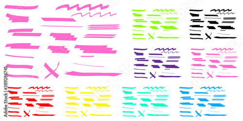 Marker lines. Stroke marks. Stroke highlight. Brush underlining. Colored doodles. Vector illustration.