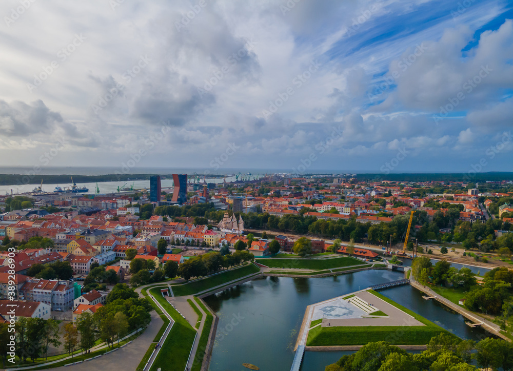 Aerial view of Klaipeda city center and port in horizon