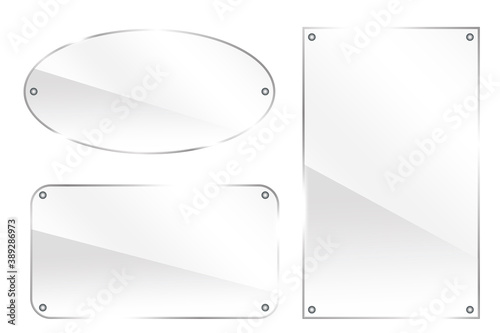 Glass buttons. Plexiglass circle and rectangles on a white background. Glossy shapes. Vector illustration.